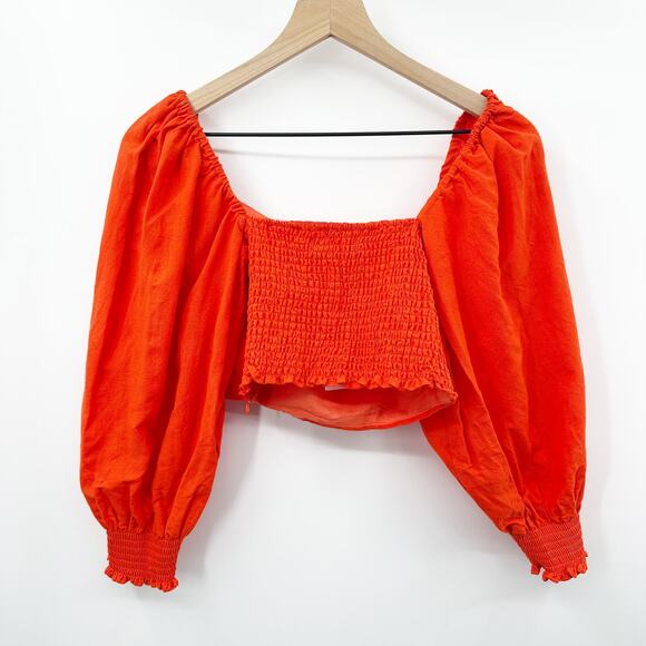 O.P.T Off The Shoulder Puff Sleeve Viscose Flax Crop Top in Orange Size M NEW - Picture 2 of 8